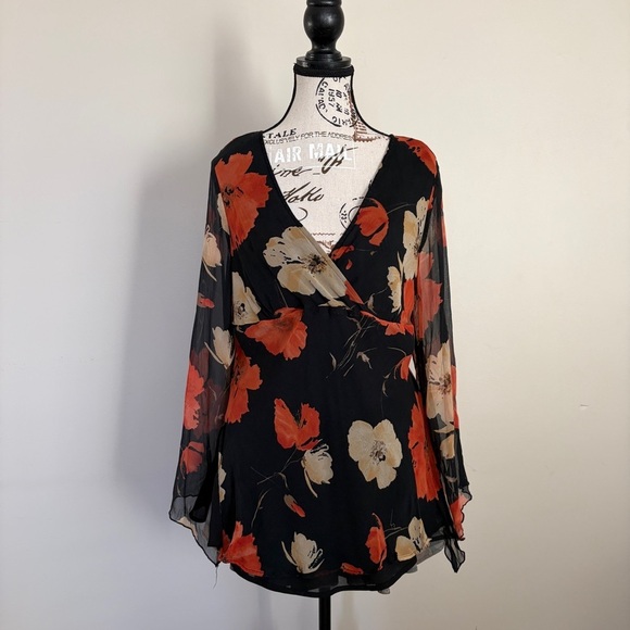 New York City Design Co. Tops - Vintage 100% silk black floral whimsigoth mesh long sleeve top